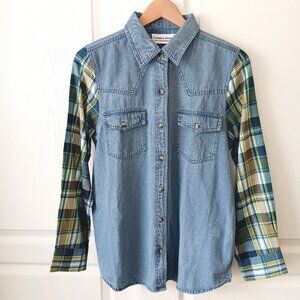 Country Store Women's Light Wash Denim And Teal Plaid Shirt Size M
